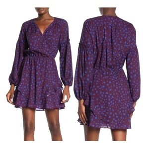 Parker Plum w/ Blue Floral Faux Wrap Dress Ruffle Hem Long Sleeve V-Neck Large